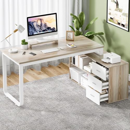 MaverickFurni 55" L Shaped Desk with Drawers and Shelves