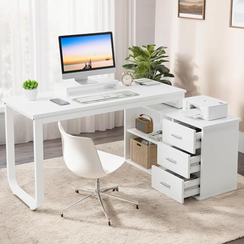MaverickFurni 55" White Desk with Drawers and Shelves